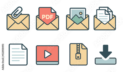 Email attachments isometric set. envelope with paperclip, PDF mail icon, image in mail, file stack in envelope, document preview, video clip icon, zipped