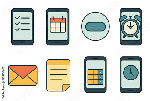Phone and productivity isometric set. task list on screen, calendar app open, focus mode icon, alarm clock on phone, email app, notes icon, calculator app.