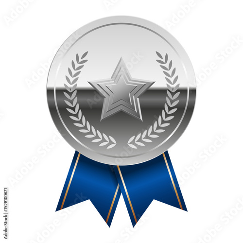Silver glossy mirror medal with blue ribbons and star for sport and games