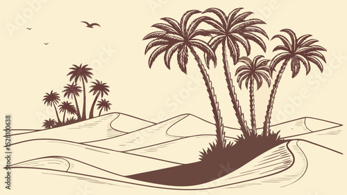 Desert oasis illusion: Pixel-art jungle floating above sand dunes. 16-bit style palm trees (limited 8 colors). Holographic glitch effects. Flat beige desert foreground. Digital mirage concept