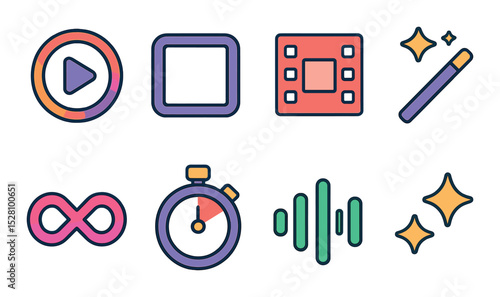 Stories and reels isometric set. play button in ring, story preview frame, reel filmstrip, filter magic wand, boomerang arrow, timer countdown, audio wave.