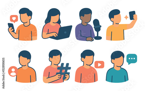 Digital and social media isometric set. influencer with phone, blogger typing, streamer with mic, person taking selfie, social follower icon, person with