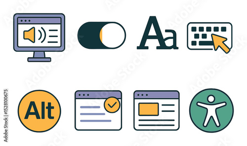Website accessibility icons isometric set. screen reader icon, contrast toggle, text size adjustment, keyboard navigation, alt text badge, accessibility