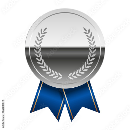 Silver glossy mirror medal with blue ribbons for sport and games