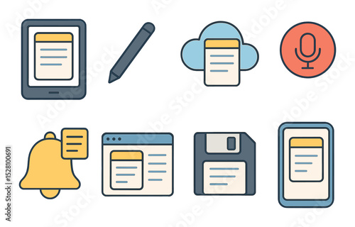 Digital note icons isometric set. tablet with note app, digital stylus, cloud-synced notes, voice memo icon, notification with note, online journal entry.