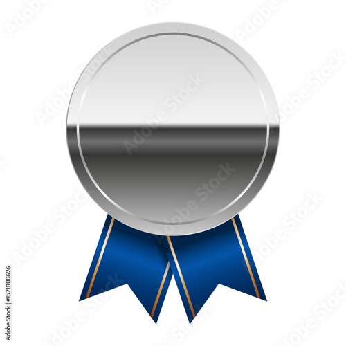 Silver glossy mirror medal with blue ribbons for sport and games