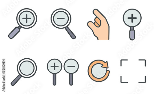 Zoom Tools Concept isometric set. Zoom in icon, zoom out icon, magnifying glass, pinch gesture, plus lens, minus lens, reset zoom, focus frame