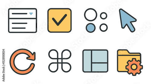 System customization tools isometric set. dropdown menu, checkmark box, radio buttons, cursor on settings, reset icon, keyboard shortcut symbol, UI layout