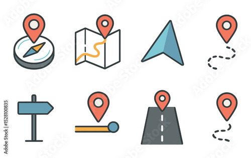 Navigation tools isometric set. compass with pin, map route with pin, GPS arrow, pin with path line, turn direction icon, location with distance tag, road
