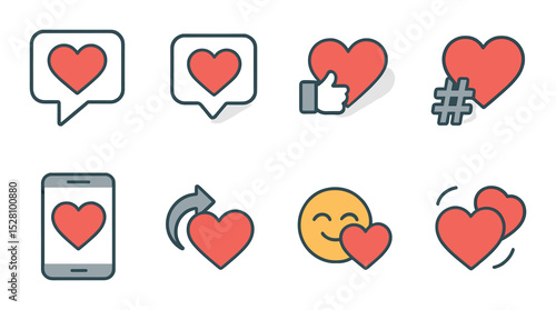 Social media hearts isometric set. heart with chat bubble, notification heart icon, like button with heart, heart and hashtag, heart inside mobile screen.