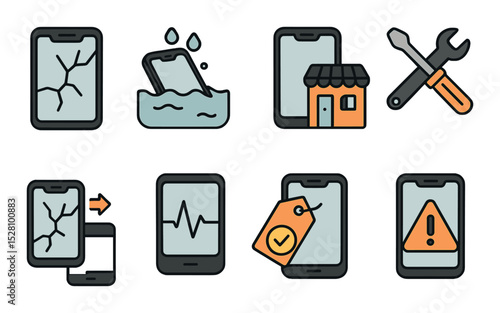 Broken and repair icons isometric set. cracked screen, water-damaged phone, phone with tools, repair shop symbol, screen replacement icon, phone