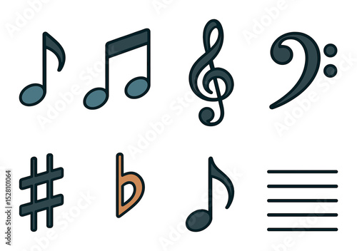 Musical notes and symbols isometric set. single note, double note, treble clef, bass clef, sharp symbol, flat symbol, rest icon, staff lines