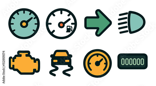 Driving indicators isometric set. speedometer, fuel gauge, turn signal arrow, high beam icon, check engine light, traction control, cruise control symbol.