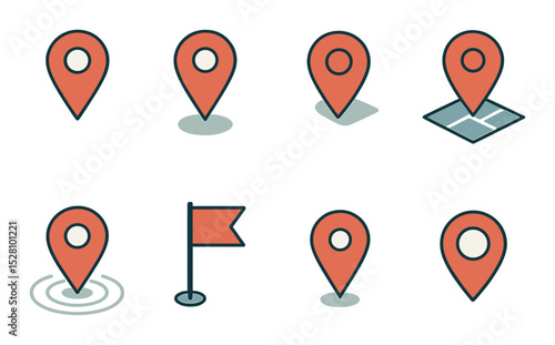 Location pin basics isometric set. classic map pin, pin with shadow, pin on map, red location icon, pin with ripple, pin with flag, pinpoint drop, circular