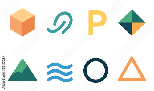 Minimalist Logo Concept isometric set. Abstract cube, line swirl, single letter mark, geometric shape, mono mountain, wave icon, circle dot logo, triangle