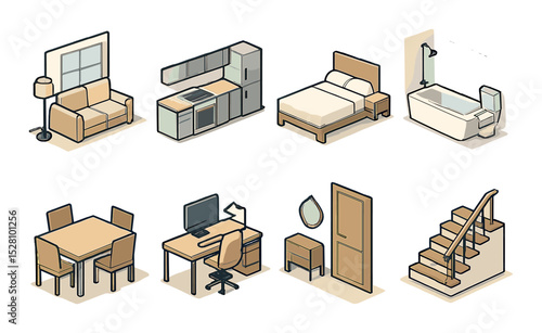 House interiors isometric set. living room with window, kitchen setup, bedroom with bed, bathroom with tub, dining room table, home office setup, hallway