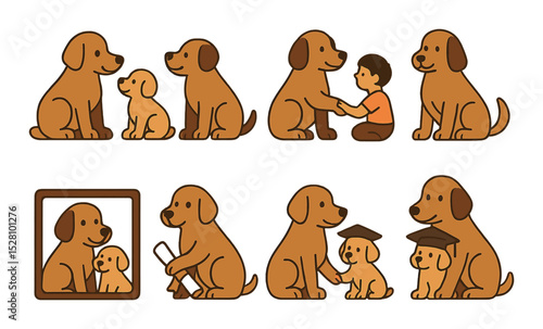 Dogs with family isometric set. puppy with mom, dog and kid, paw hug from child, proud parent paws, family photo moment, shared diploma, cap on baby pup.