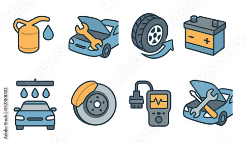 Car maintenance isometric set. oil change symbol, wrench on hood, tire rotation, battery replacement, car wash icon, brake service, diagnostic tool, hood