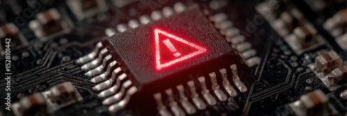 Burnt Microchip With Red Blinking Light and Warning Mark Indicating Malfunction in Electronic Device Components