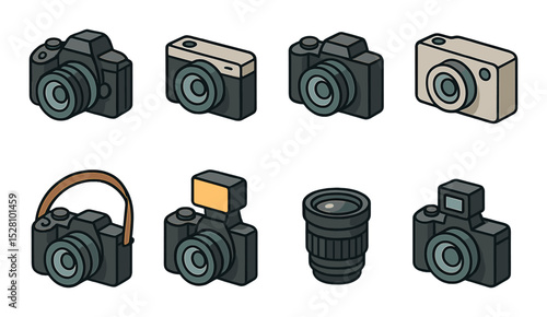 Photography camera icons isometric set. DSLR camera, point-and-shoot, mirrorless camera, compact camera, camera with strap, camera with flash, lens icon.