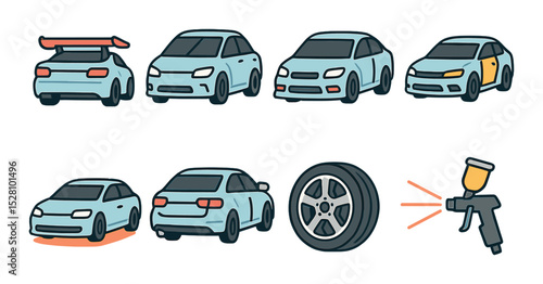 Vehicle customization isometric set. spoiler installation, tinted windows icon, body kit, car wrap symbol, underglow lights, upgraded exhaust, rim style