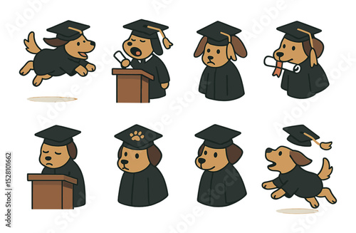 Funny graduation poses isometric set. dog mid-leap in robe, upside-down scroll in mouth, yawning during speech, ears caught in tassel, chewing on diploma.