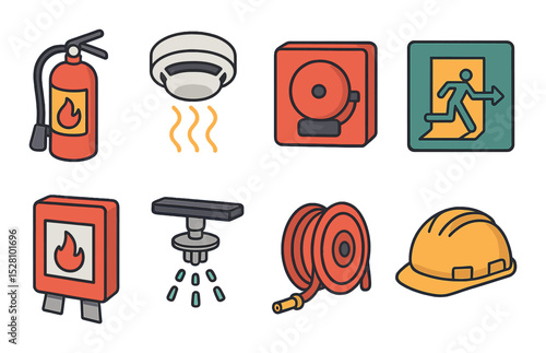 Fire Safety Concept isometric set. Fire extinguisher, smoke detector, fire alarm, emergency exit sign, fire blanket, sprinkler system, fire hose reel.