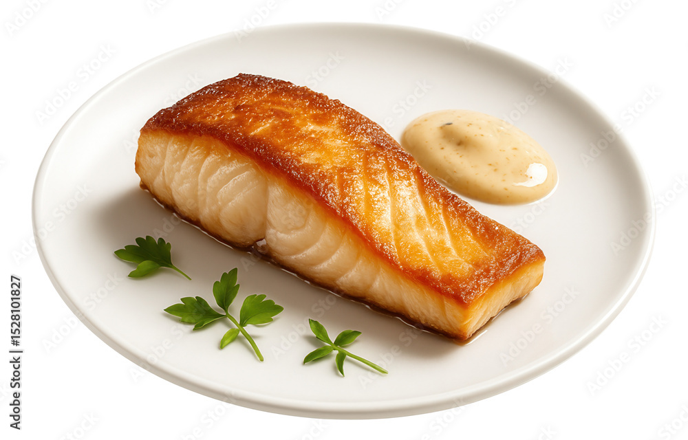 A perfectly cooked piece of grilled fish fillet on a plate with a dollop of creamy sauce and garnished with fresh parsley leaves on transparent background. A perfectly cooked piece of grilled fish fillet on a plate with a dollop of creamy sauce and garnished with fresh parsley leaves on transparent background.
