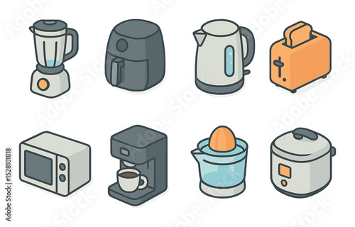Kitchen Gadgets Concept isometric set. Blender, air fryer, electric kettle, toaster, microwave, coffee machine, juicer, rice cooker
