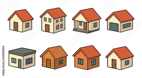 Residential home icons isometric set. classic house, two-story home, cottage, suburban home, modern villa, wooden cabin, brick house, small bungalow