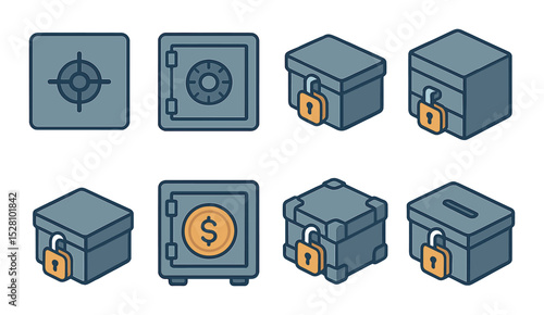 Safe Storage Concept isometric set. Safe door lock, bank vault, secure deposit box, sealed container, locked drawer, cashbox lock, coin vault, armored case