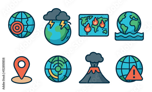 Disaster Monitoring Concept isometric set. Earthquake zones on globe, storm clouds over continents, fire alerts on world map, flood icon near planet.
