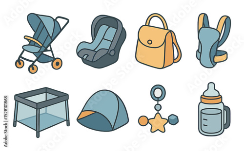 Baby Travel Concept isometric set. Stroller, car seat, diaper bag, baby carrier, travel crib, sunshade, stroller toy, bottle holder