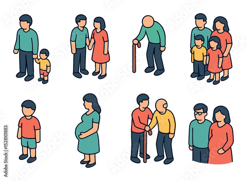 Family and relationships isometric set. parent with child, couple holding hands, elderly person, family group, child icon, pregnant woman, caregiver.