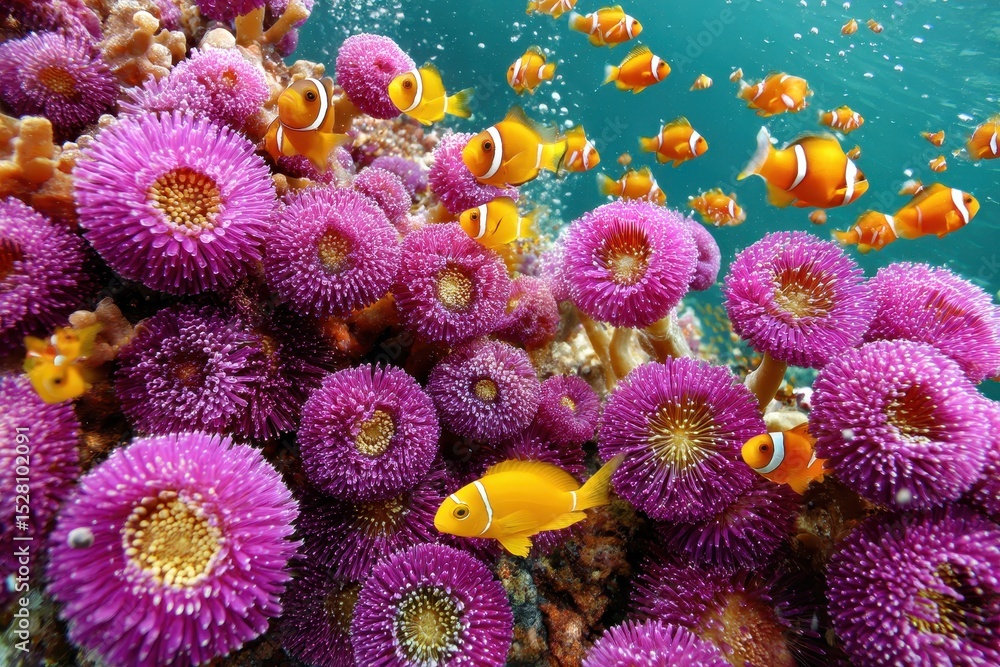 Fototapeta premium A host anemone on a tropical coral reef is home to a family of beautiful False Clownfish