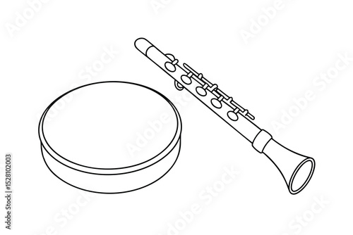 Line drawing of a clarinet and a round container
