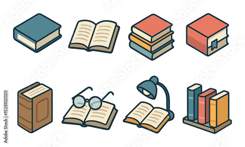 Literary book icons isometric set. hardcover book, open book with text, stack of novels, book with bookmark, antique book, book with glasses, reading lamp