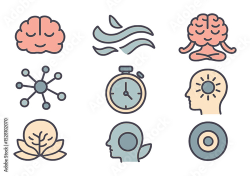 Mindfulness & Meditation Concept isometric set. Peaceful brain, breathing icon, zen wave, brain in lotus pose, tranquil neurons, meditation timer.