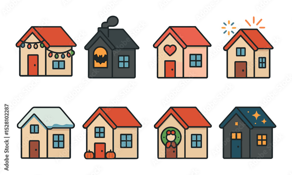 Holiday decorated houses isometric set. house with Christmas lights, spooky Halloween house, heart-decorated Valentine’s house, fireworks around house. Holiday decorated houses isometric set. house with Christmas lights, spooky Halloween house, heart-decorated Valentine’s house, fireworks around house.