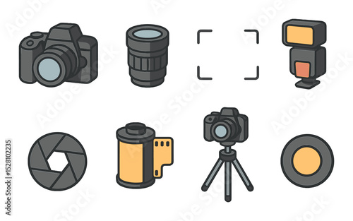 Photography Camera Concept isometric set. DSLR body, camera lens, viewfinder icon, flash unit, camera shutter, photo roll, tripod-mounted camera, snapshot