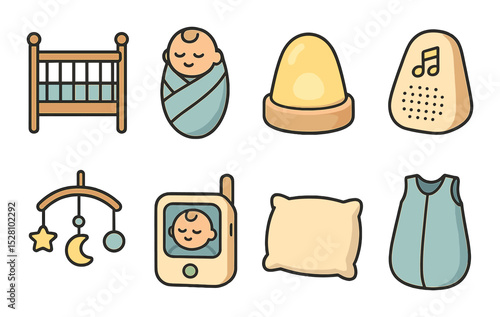 Baby Sleep Concept isometric set. Crib, swaddle blanket, nightlight, lullaby speaker, mobile above crib, baby monitor, soft pillow, sleep sack