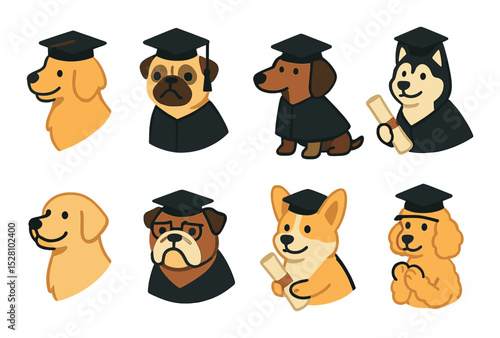 Graduation dog breeds isometric set. golden retriever with cap, pug with tassel, dachshund in gown, husky holding diploma, labrador smiling proudly.