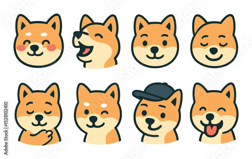 Cute expressions isometric set. dog blushing, proud bark, wagging eyebrows, eyes closed smile, paw over heart, winking, cap-tilt smirk, tongue-out joy