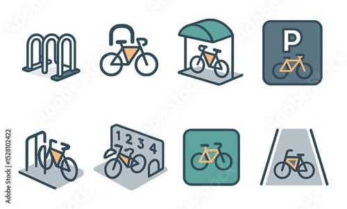 Bicycle parking zones isometric set. bike rack, locked bicycle icon, covered bike parking, bike sign with “P”, shared bike stand, numbered slots, bike