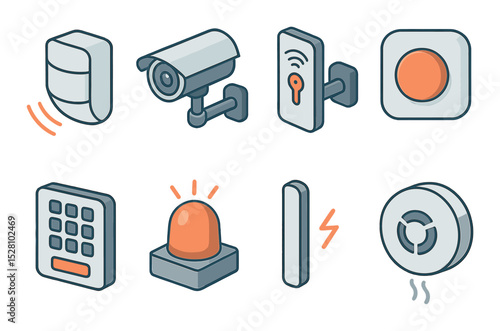 Security Devices Concept isometric set. Motion detector, CCTV camera, smart lock, panic button, access keypad, alarm siren, glass break sensor, smoke