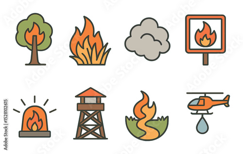 Wildfire Concept isometric set. Burning tree, dry grass flames, smoke cloud, fire perimeter sign, wildfire alert, firewatch tower, firebreak path.