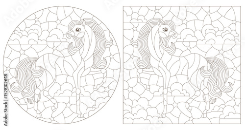 A set of contour illustrations in the style of a stained glass window with cute horses, dark outlines on a white background
