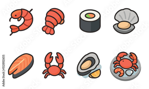 Seafood Concept isometric set. Grilled shrimp, lobster tail, sushi roll, clam shell, fish fillet, crab legs, oyster on ice, seafood platter
