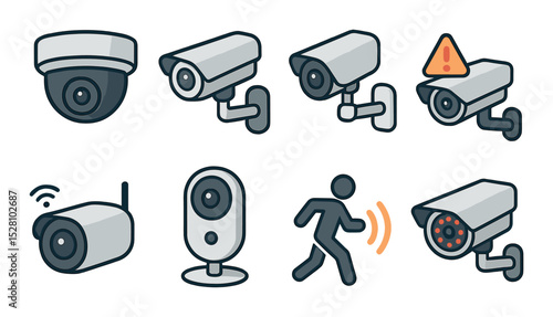 Security camera icons isometric set. dome camera, bullet camera, camera on wall mount, CCTV with alert, wireless surveillance cam, smart home cam, motion