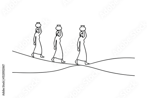 Three women walking carrying water jars line drawing